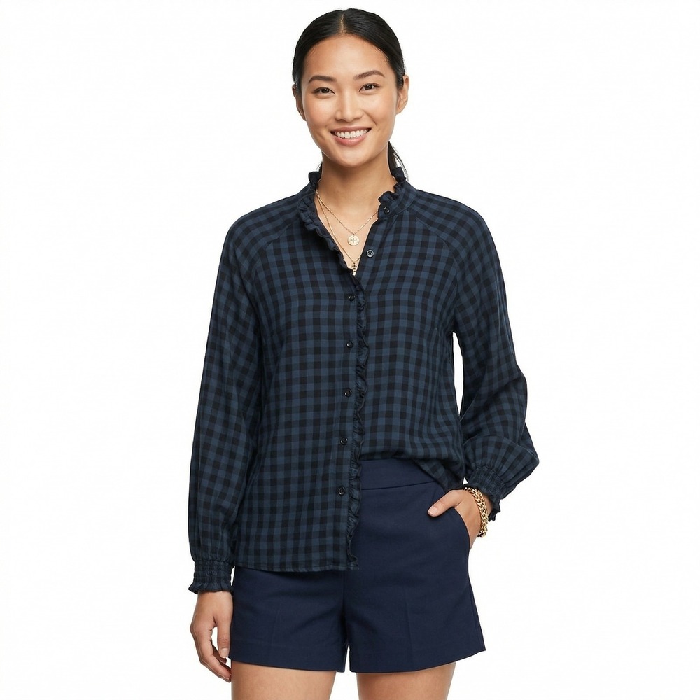 Cabi Aberdeen Buffalo Plaid Button Up Top Blue Black Ruffle 3961 Size XS